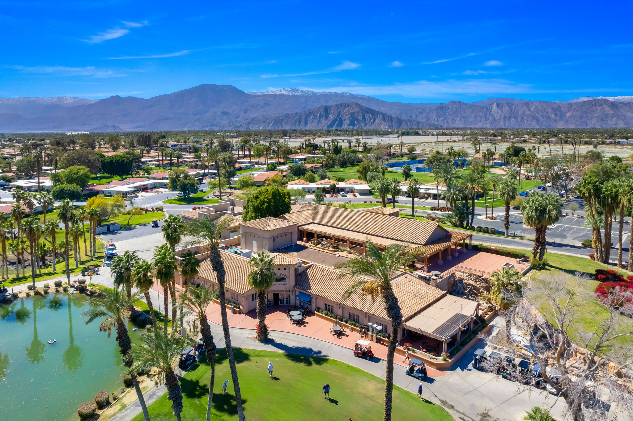 A sky view of the clubhouse at Indian Palms Country Club in Indio, California